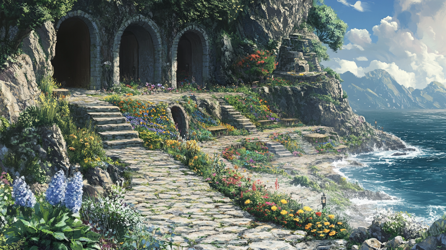 Stone Path Leads to Cliffside Doorways Garden