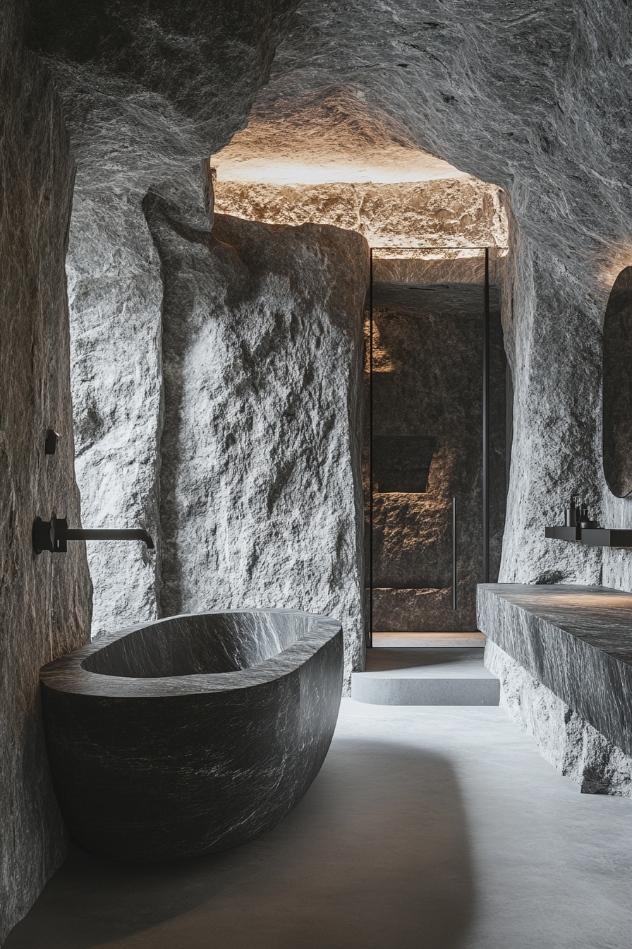 Stone Sanctuary bathroom with natural stone walls and basin.