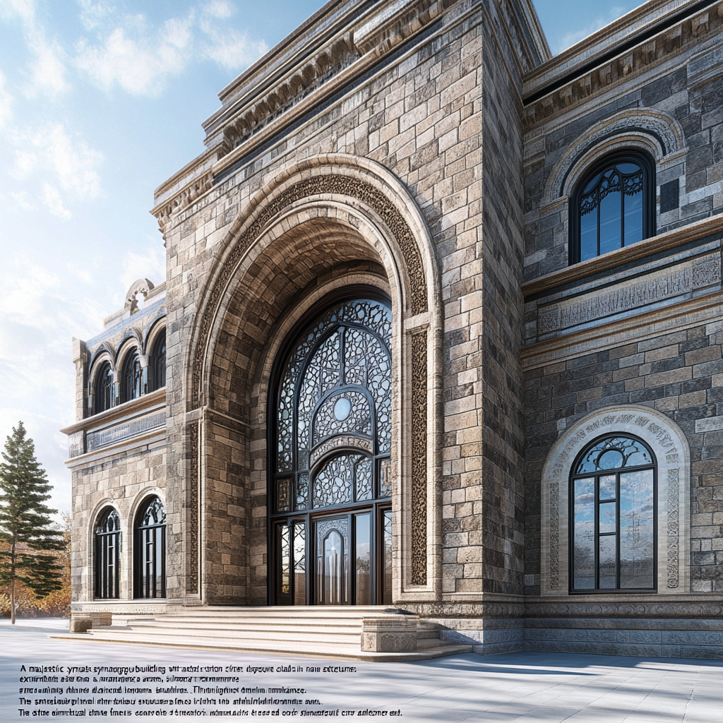 Stone-built synagogue with arched windows, invoking spiritual sanctuary.