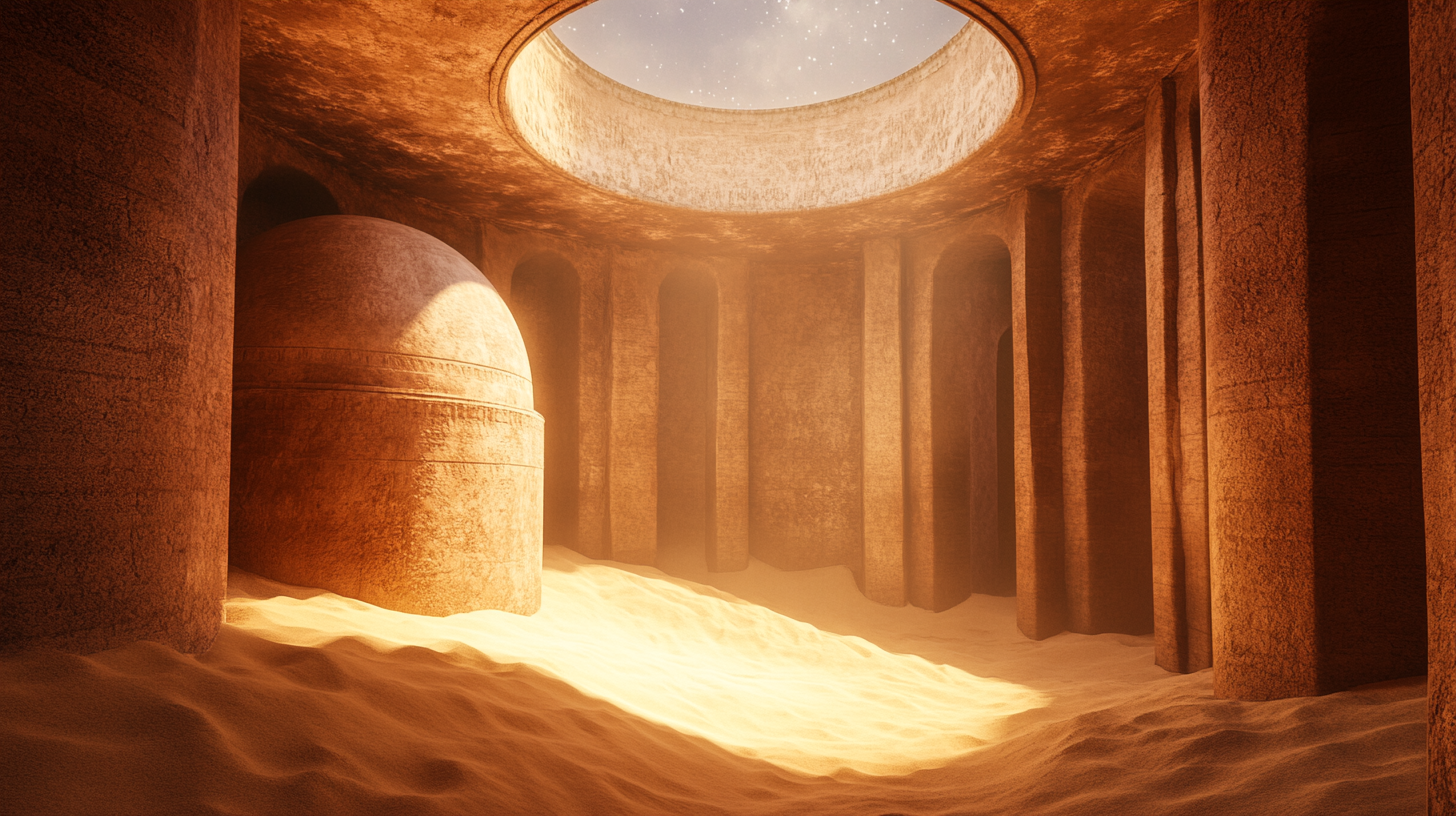 Stone domed room with sand dune floor - no telescope.