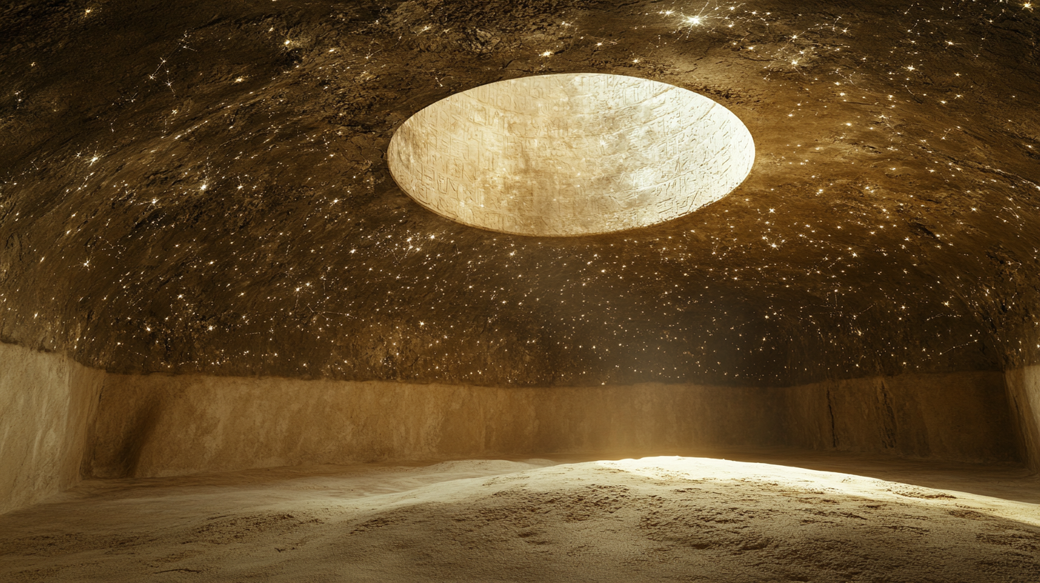 Stone room with sand floor, carved constellations on walls.