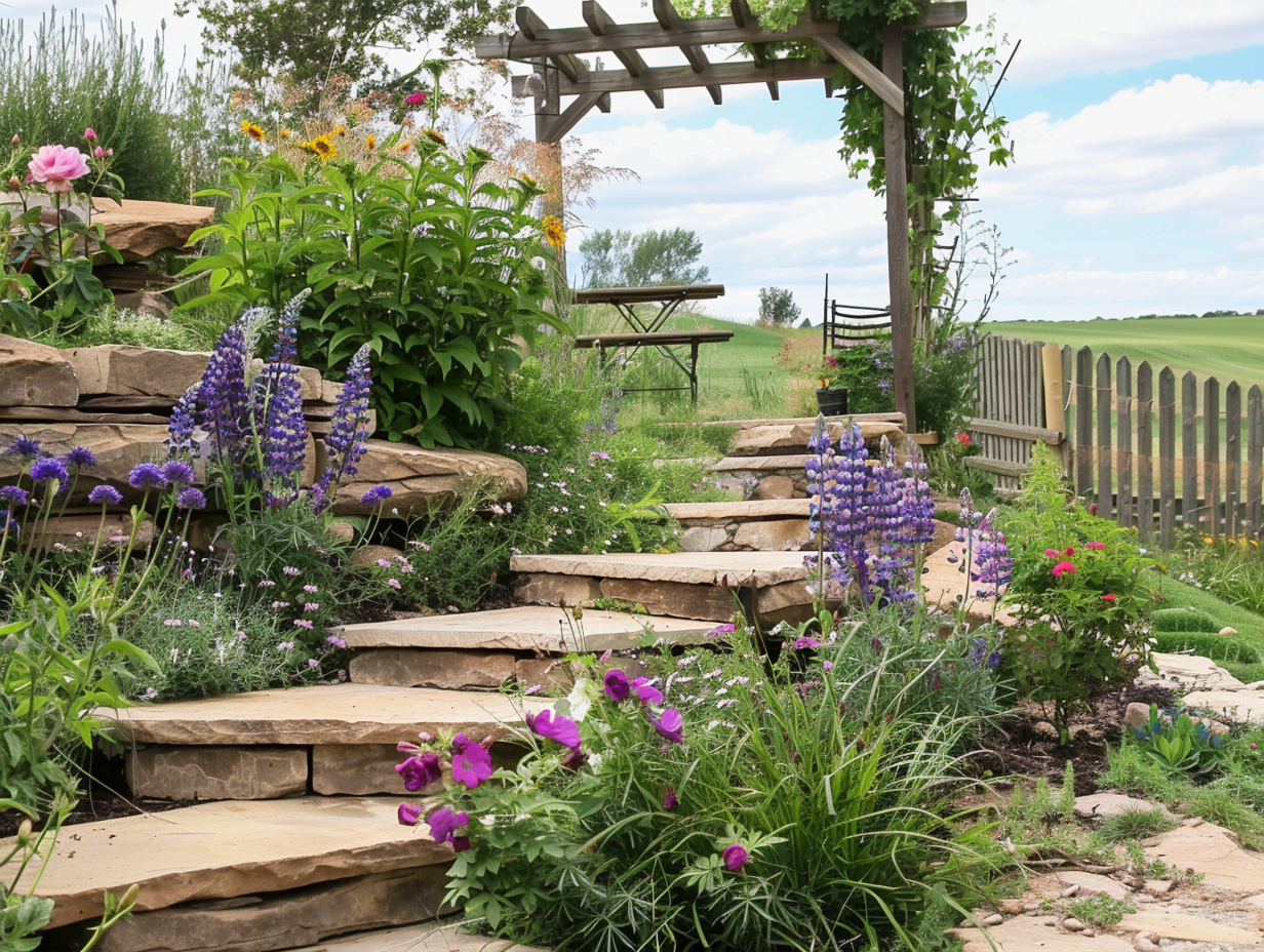 Stone steps, perennials, pergola, wooden bench in countryside garden.