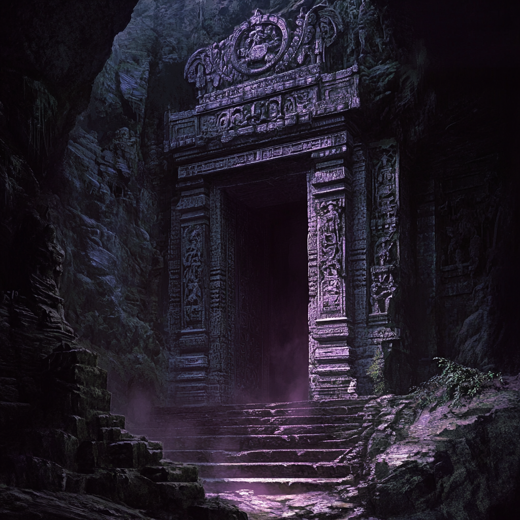 Stone temple in cave with purplish glow, intricate carvings.