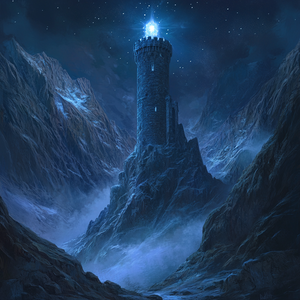 Stone tower in mountains, glowing gemstone illuminates surroundings.