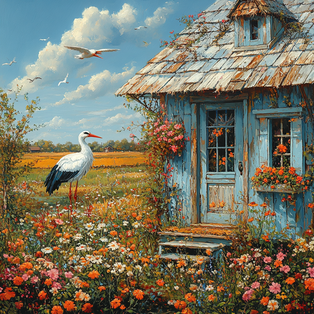 Stork flies to build nest at parents' house. Ukraine village. Flowers, old parents on porch. Sky with cranberry keys.