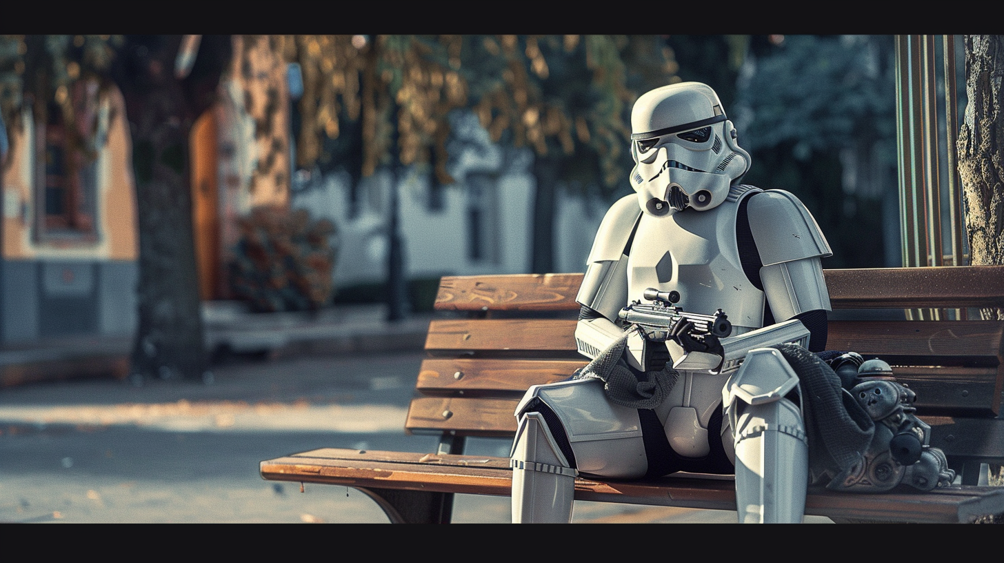 Storm trooper cleaning helmet on bench, realistic 4K image.