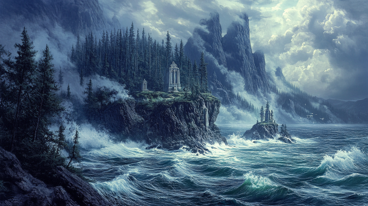 Stormy island with pine forests, mausoleums on icy cliffs.