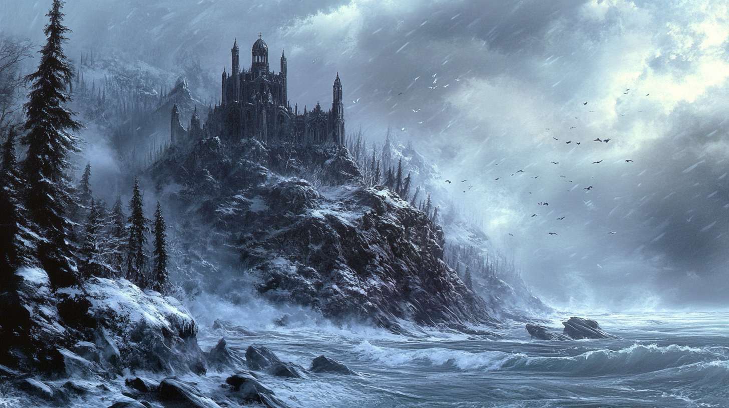 Stormy sea, icy cliffs, haunting gothic mausoleum on island.