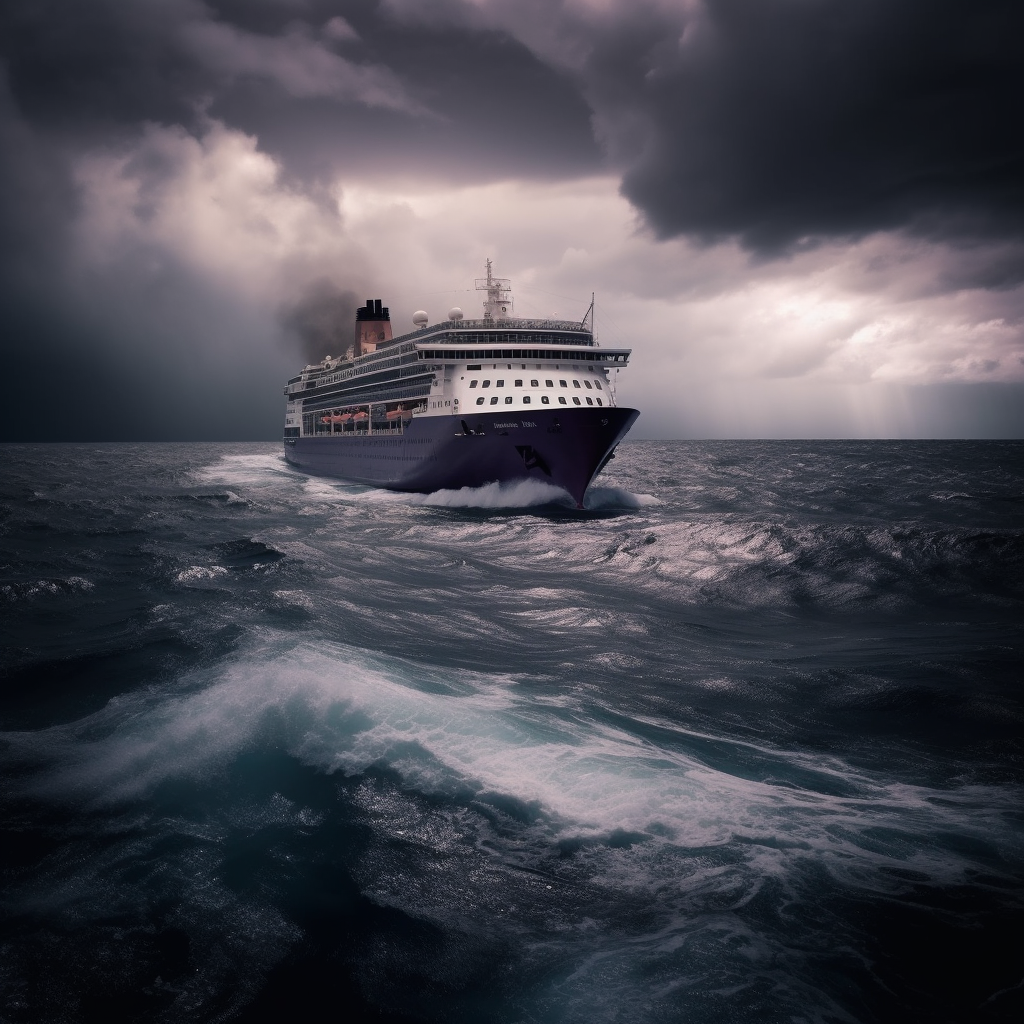 Stormy seas, lightning strikes, cruise ship with crown.