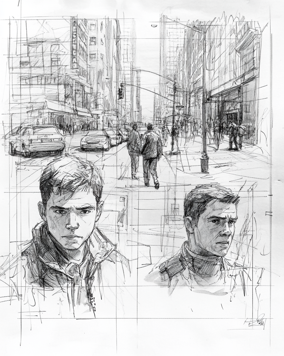 Storyboard sketch of city street scene with characters conversing.