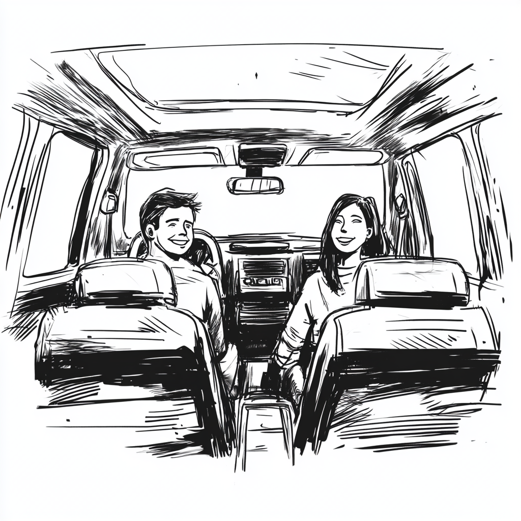 Storyboard sketch of man and woman in SUV smiling.