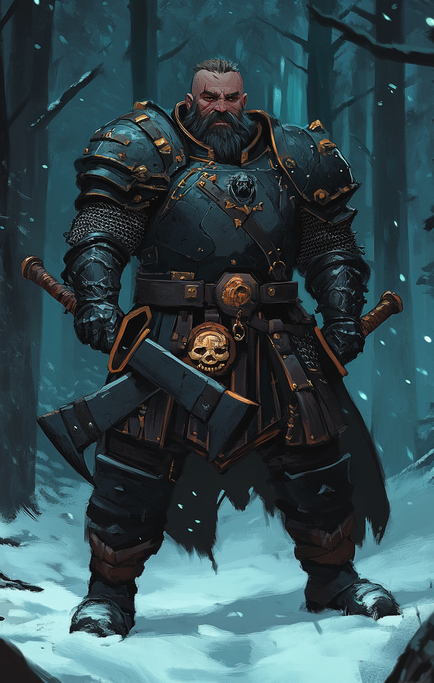 Stout dwarven enforcer in banshee armor with maces.