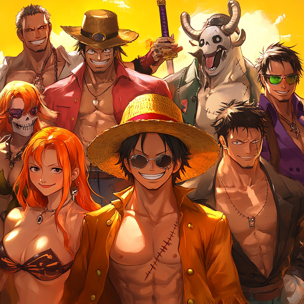 Straw Hat Crew smiling with unique appearances.