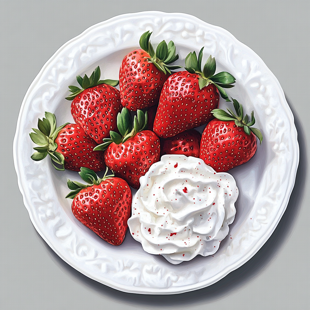 Strawberries and Whipped Cream on White Plate