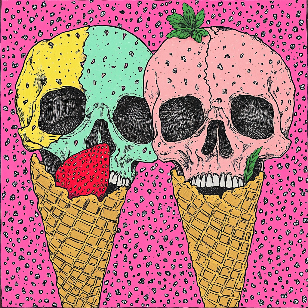 Strawberry and mint ice cream skulls in cone.