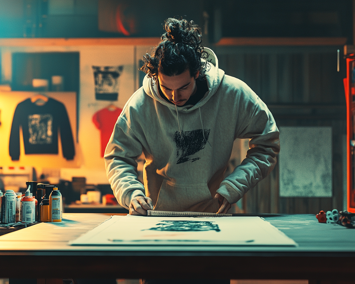 Streetwear designer measuring oversized hoodie in studio