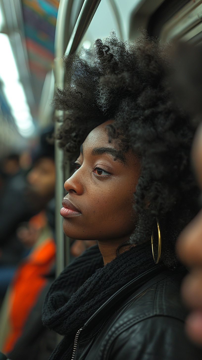 Stressed woman on NYC subway, others on phones.