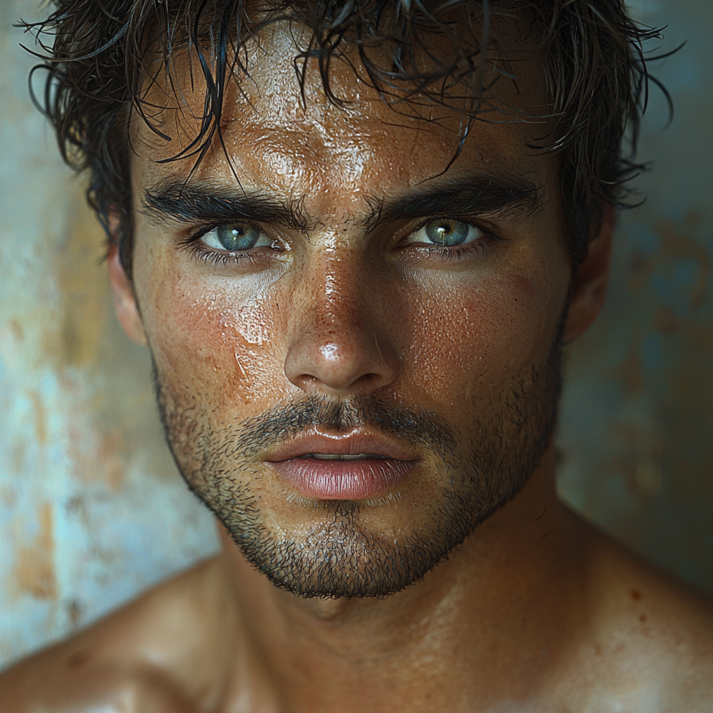 Striking man with intense eyes, chiseled features, tall figure.