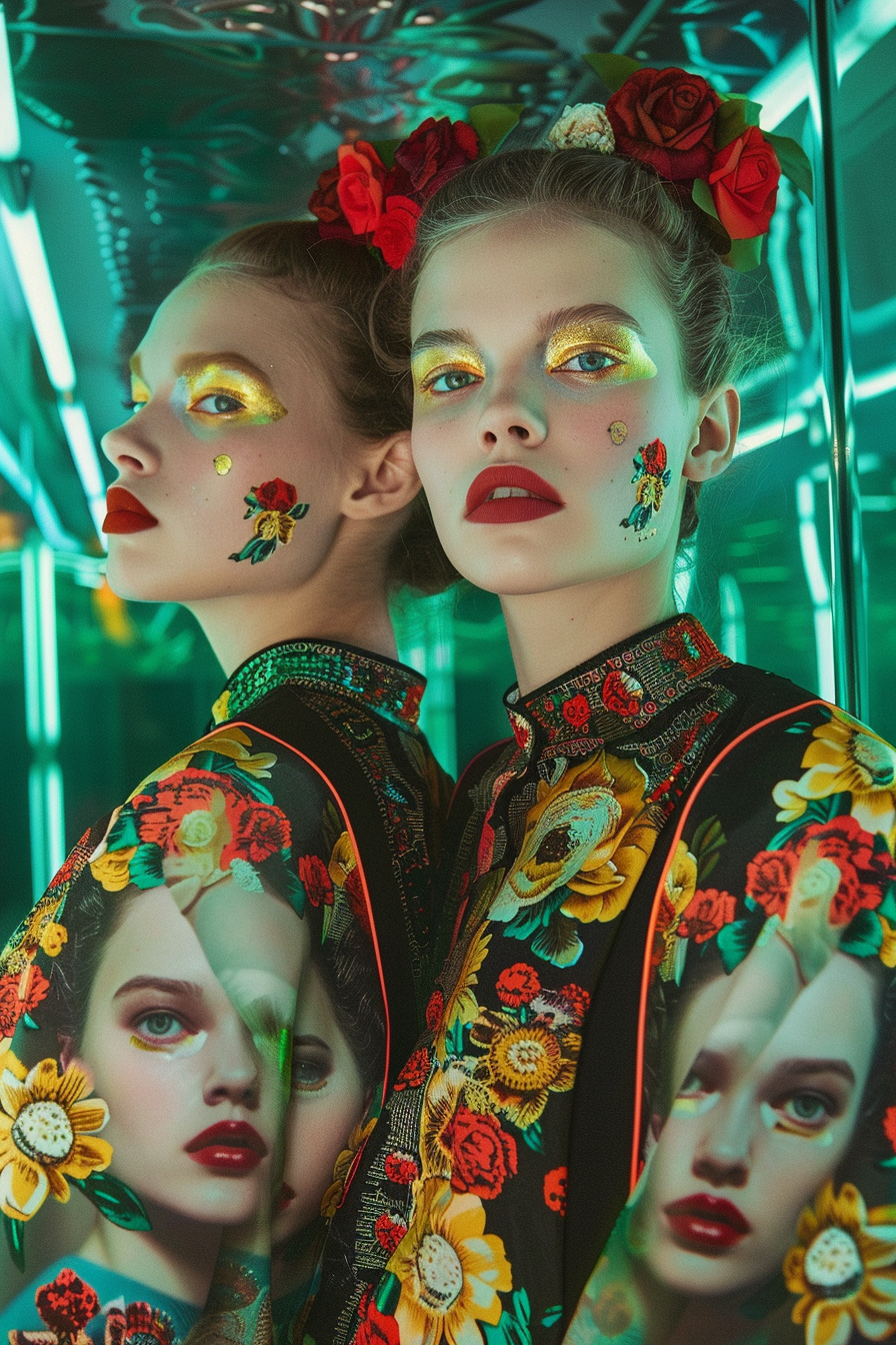 Striking young women in hall of mirrors, avant-garde fashion.