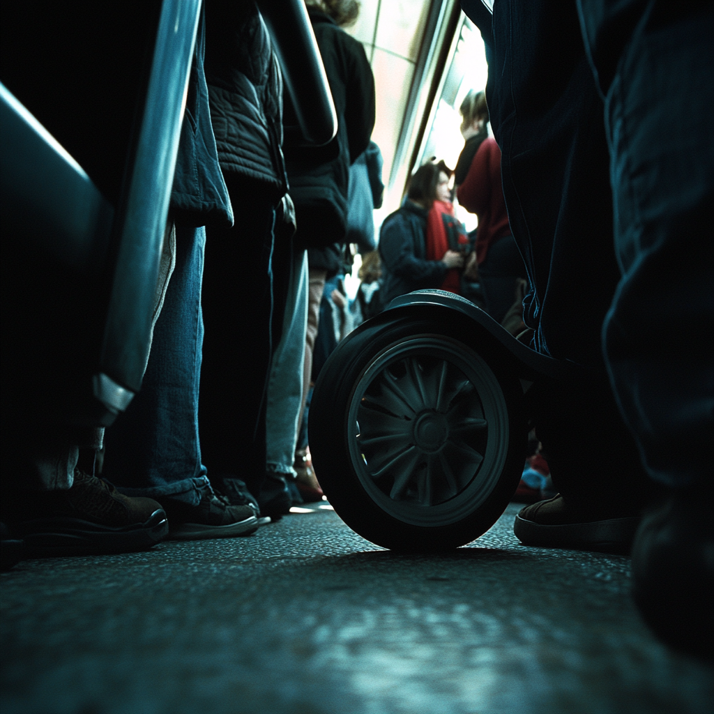 Stroller Wheel in Crowded Bus: Cinematic Close-up