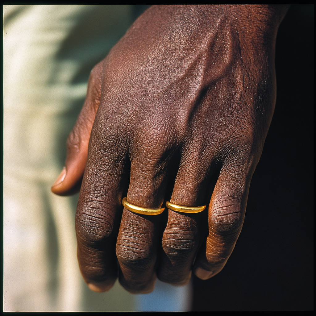 Strong African man's hand with golden rings and bracelet