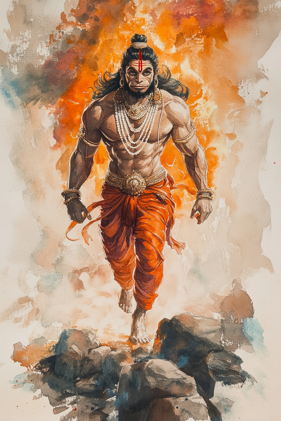 Strong Hanuman walking from burning Lanka, toned muscles showing.