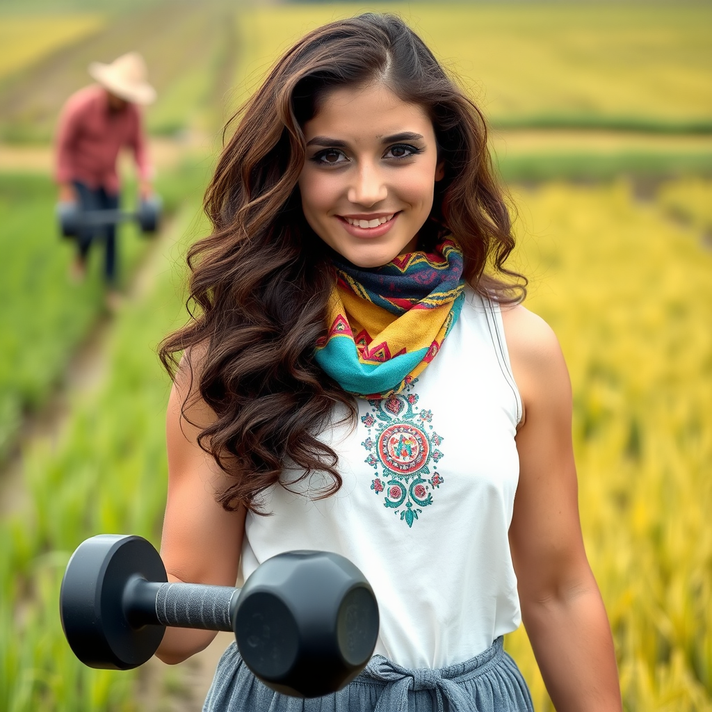 Strong Iranian Girl Helps Plant in Paddy Field