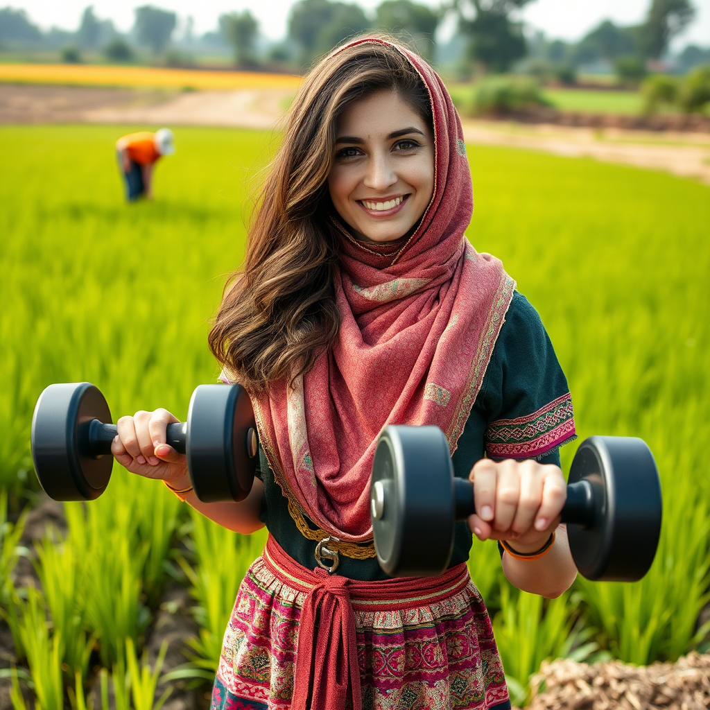 Strong Iranian girl in traditional dress lifting dumbbell.