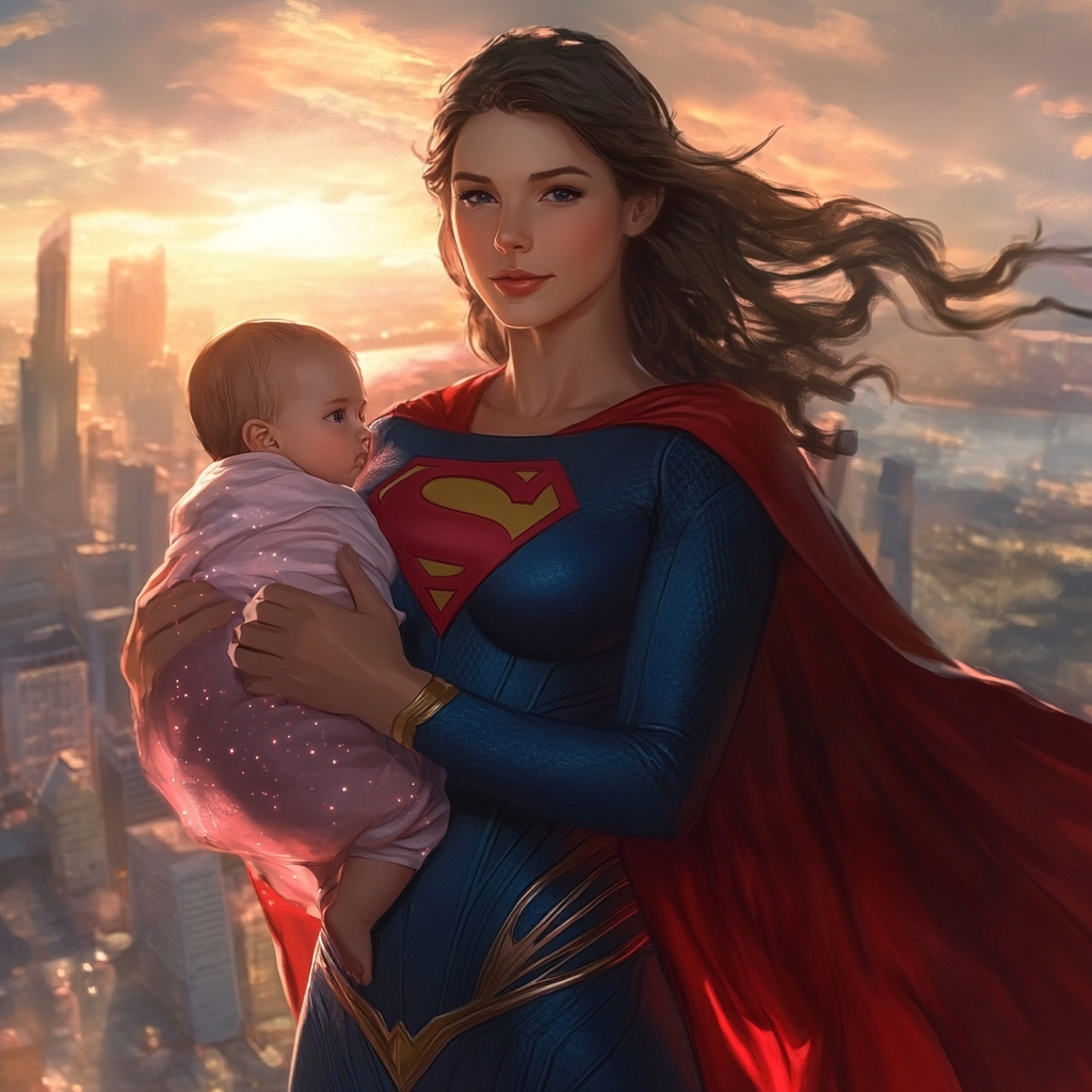 Strong Motherly Superman holding baby with flowing cape. Twilight Metropolis.