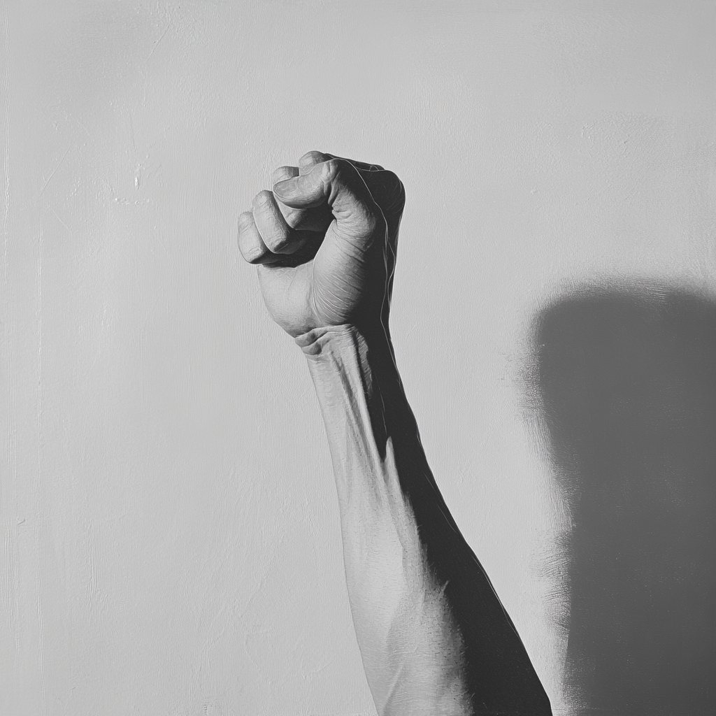 Strong arm raised in black and white