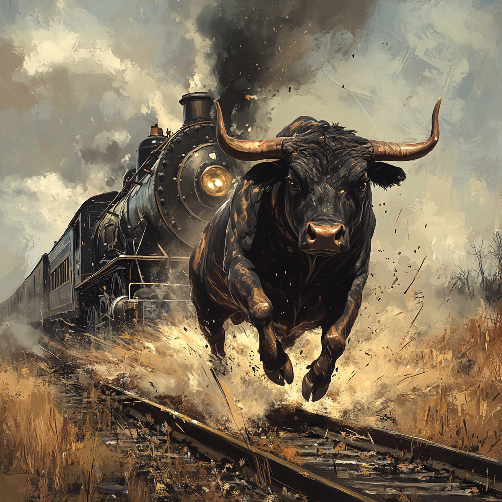 Strong black bull crushes train on railway, durable unscratched.