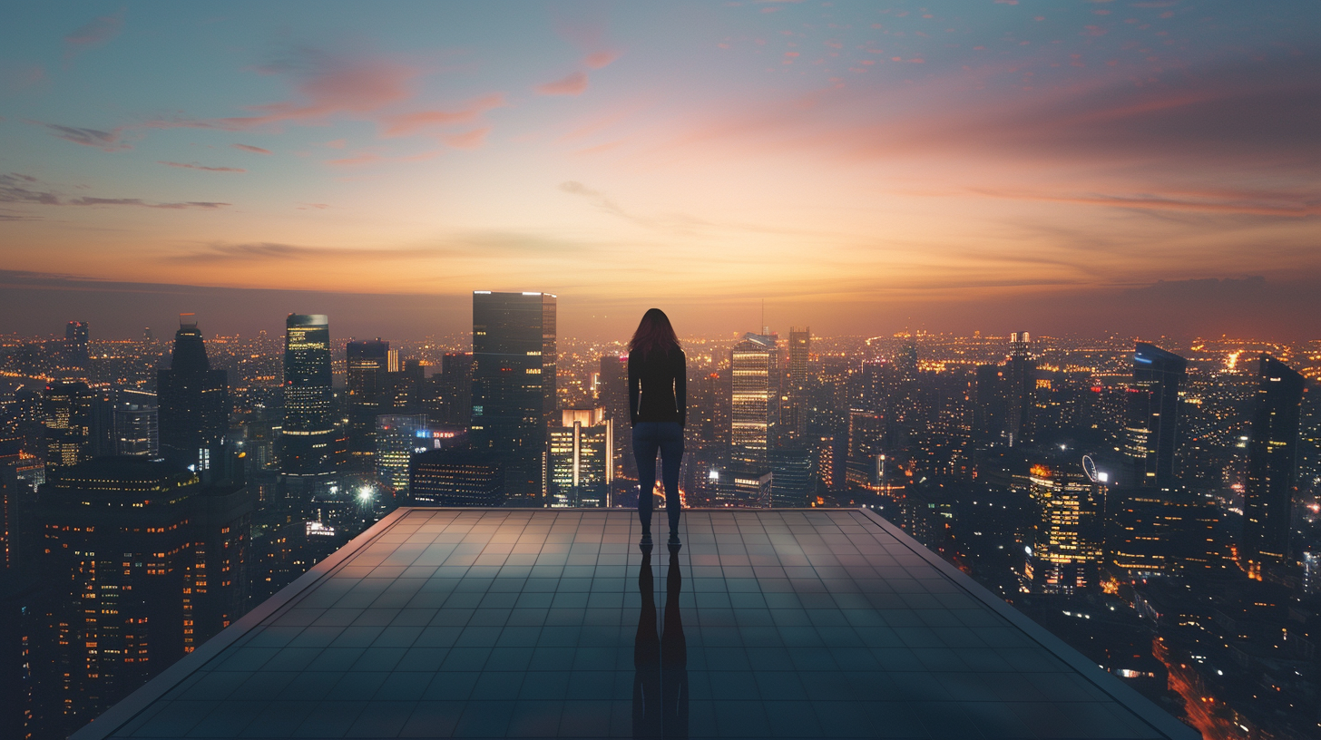 Strong businesswoman overlooking glowing city skyline from rooftop.