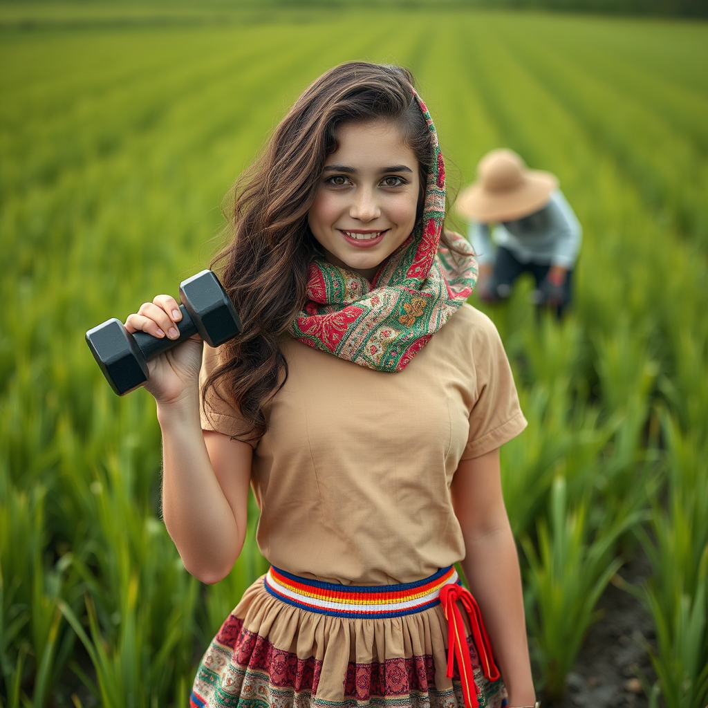 Strong girl in Iranian clothes holding dumbbell.