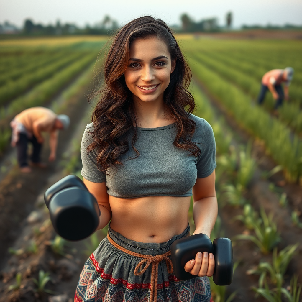 Strong girl in stylish Iranian dress near paddy field.