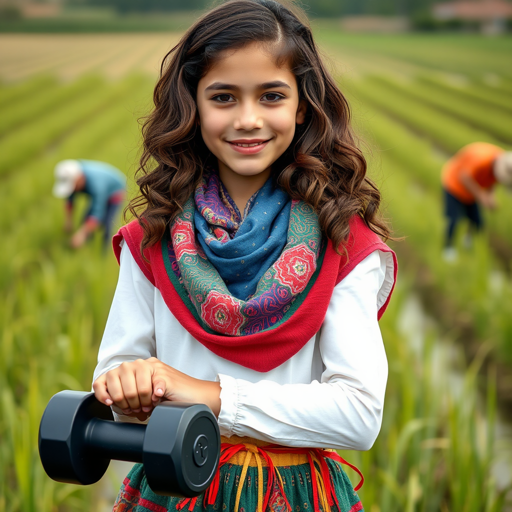 Strong girl in traditional Iranian dress holds dumbbell.