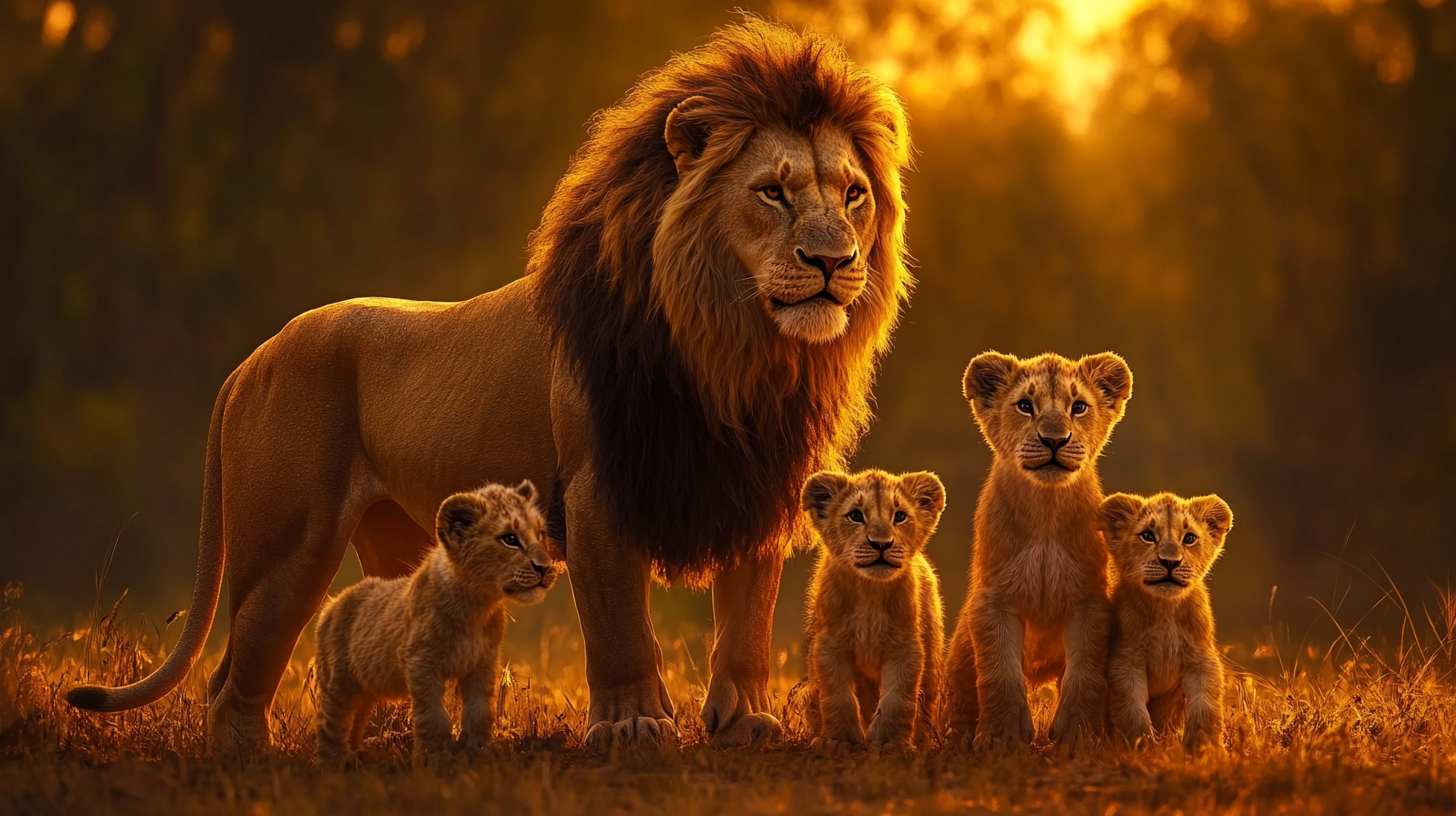 Strong lion couple with cubs, showing unity and resilience.