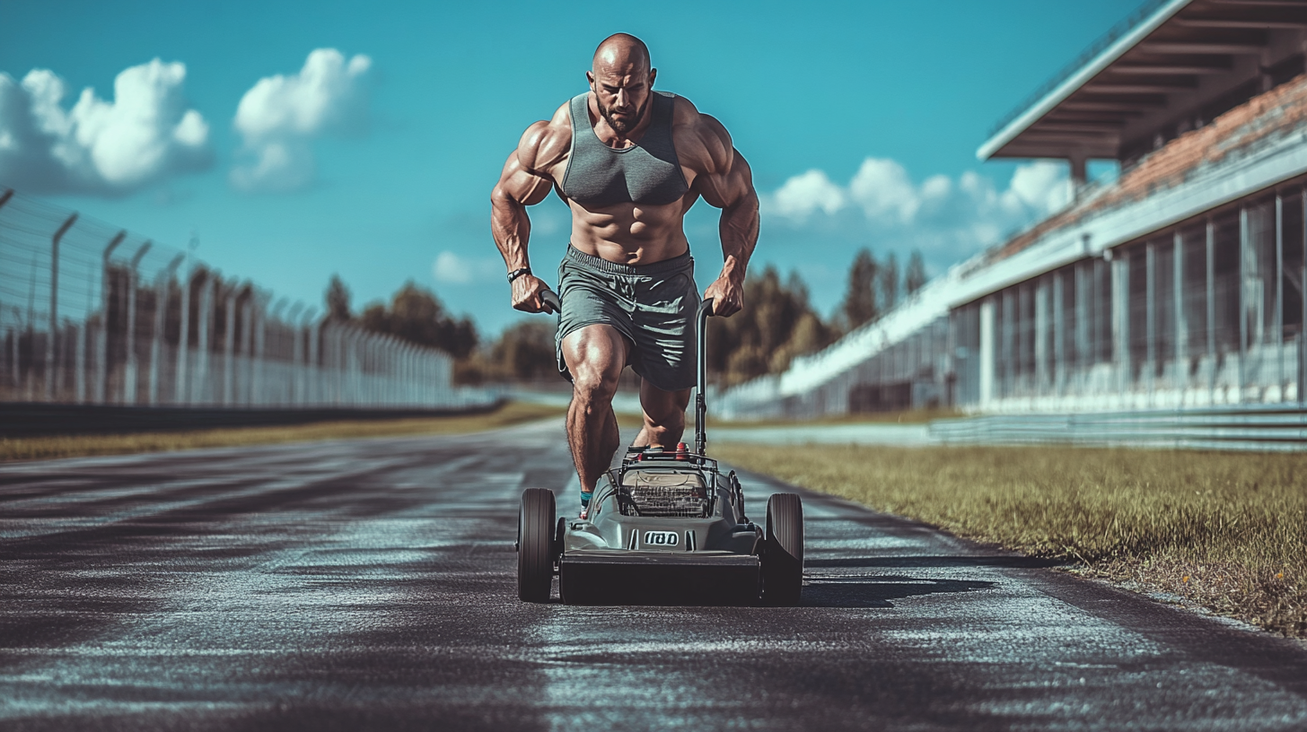 Strong man happily mowing grass at race track.