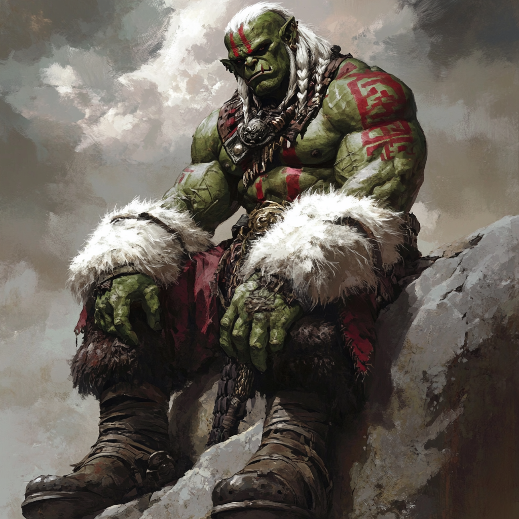 Strong orc with red tattoos in Asian outfit on rock.