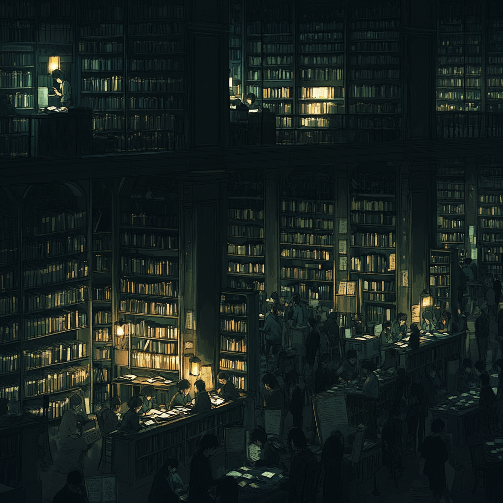 Struggle to read in dark library, one shines bright.