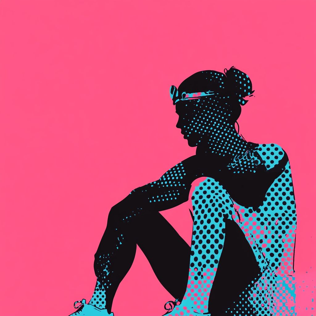 Struggling athlete in vibrant pink, blue, black collage.