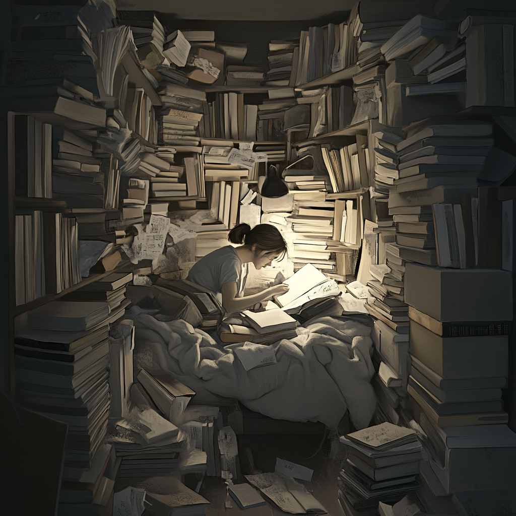 Student in dimly lit dorm room struggles with books.