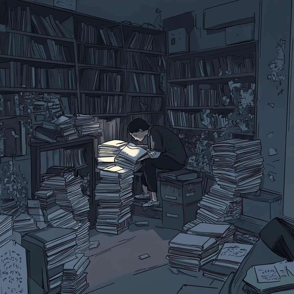 Student surrounded by grey books in dimly lit dorm.