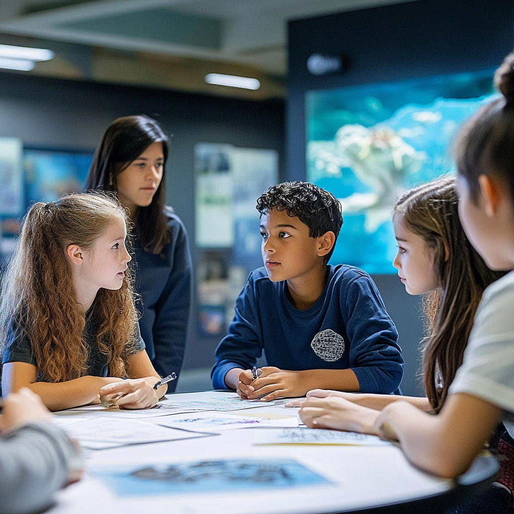 Students brainstorm futuristic ideas in vibrant classroom scene