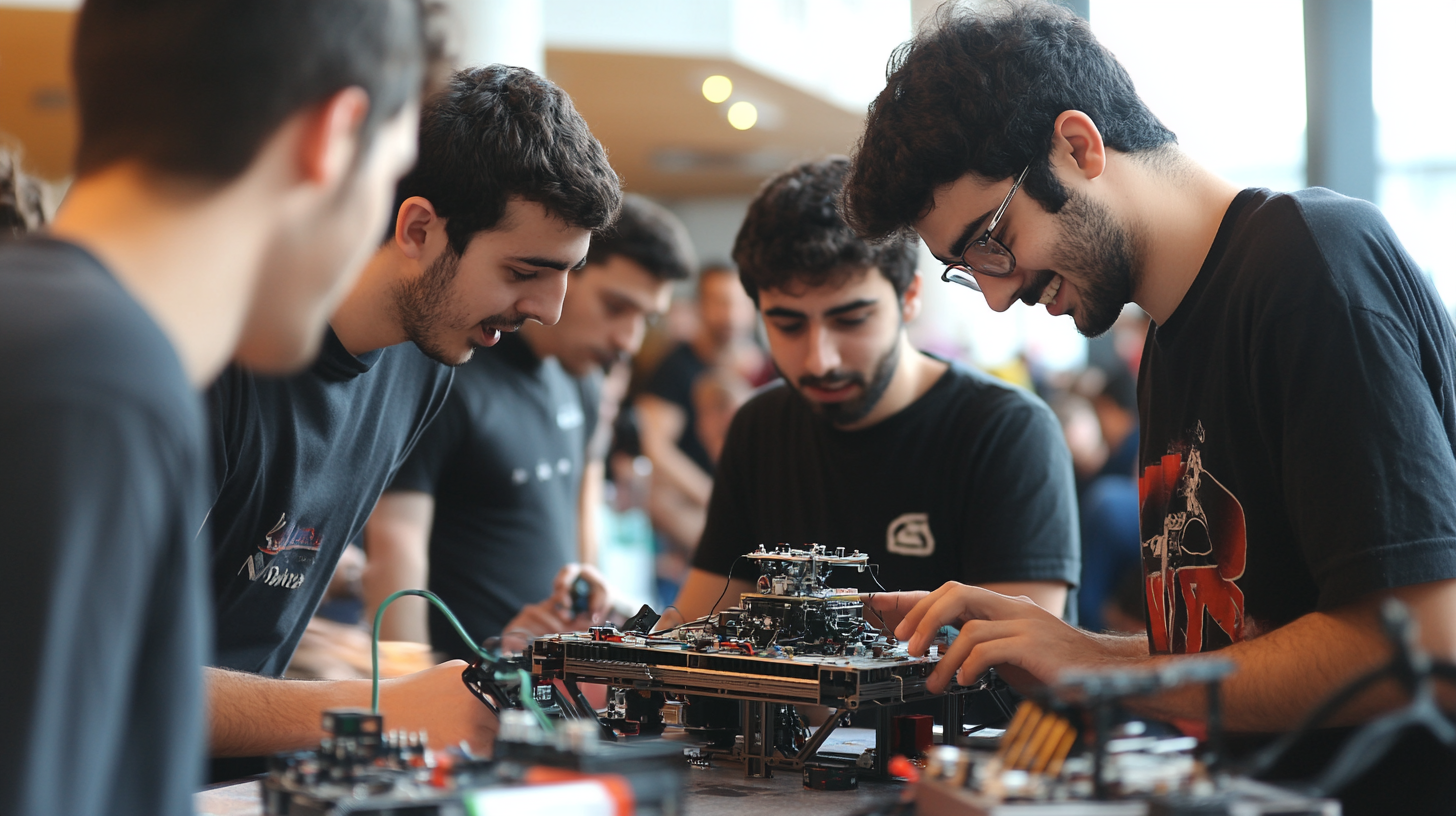 Students building robot in Türkiye robotics competition hall.