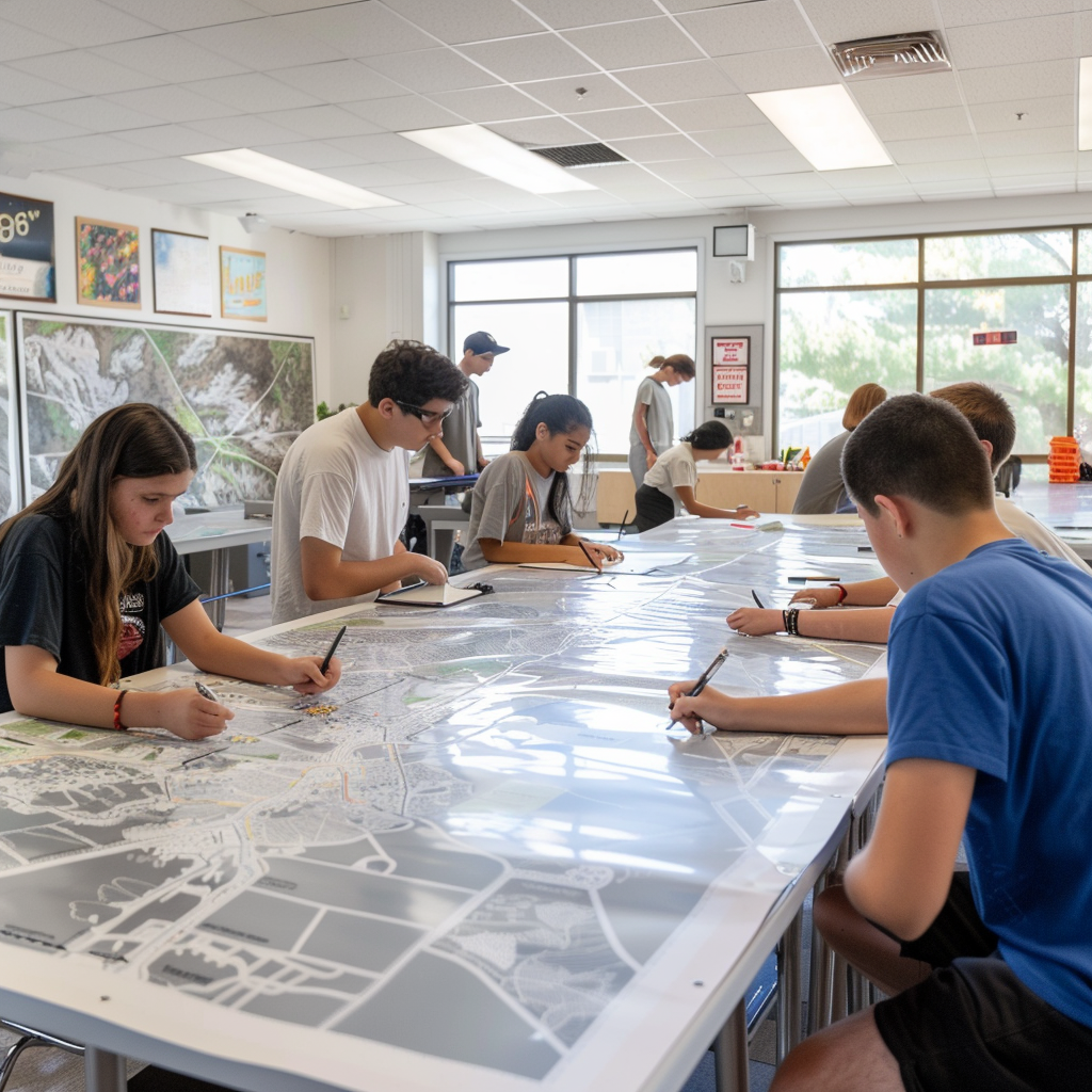 Students draw personal maps in bright classroom.