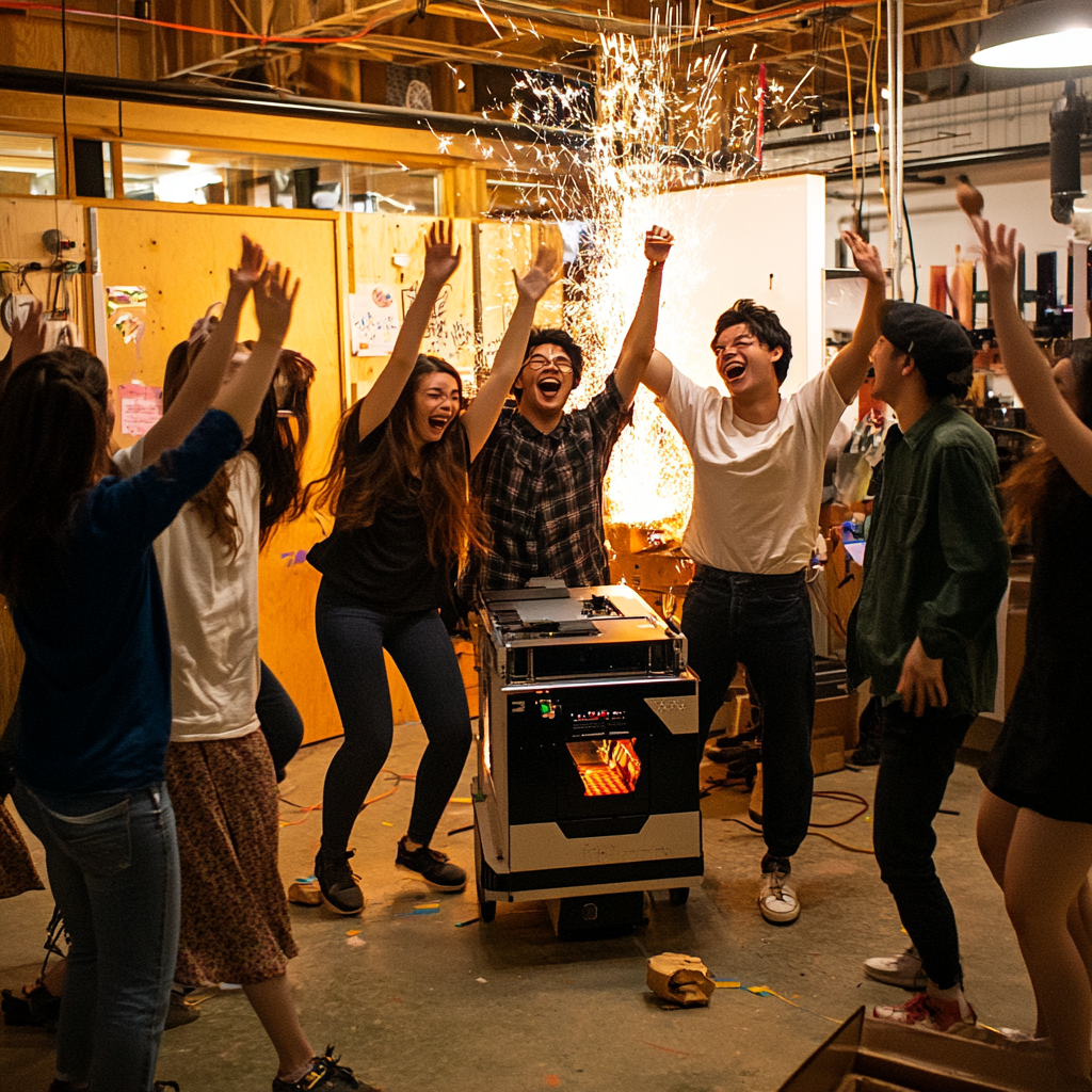 Students happily dancing around laser cutter fire at MIT workshop.