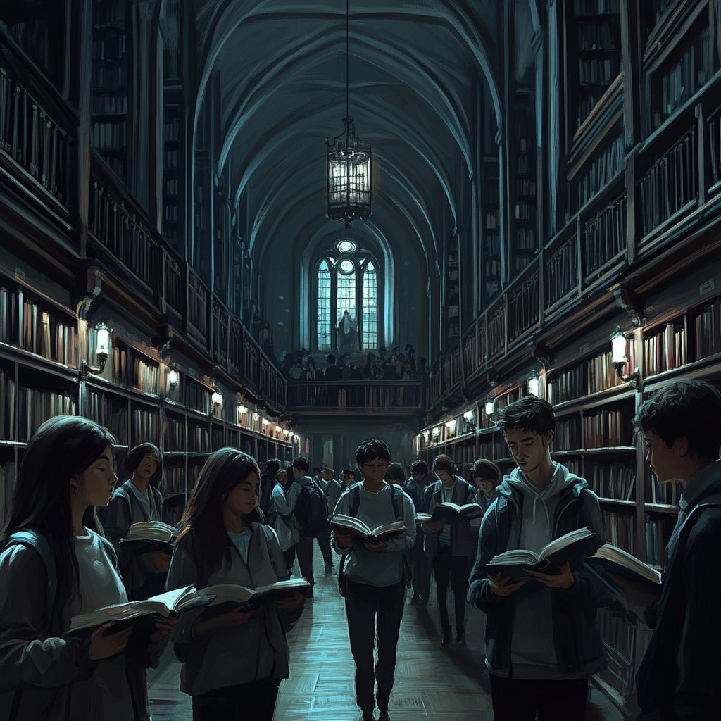 Students in a grey library holding grey books stare.