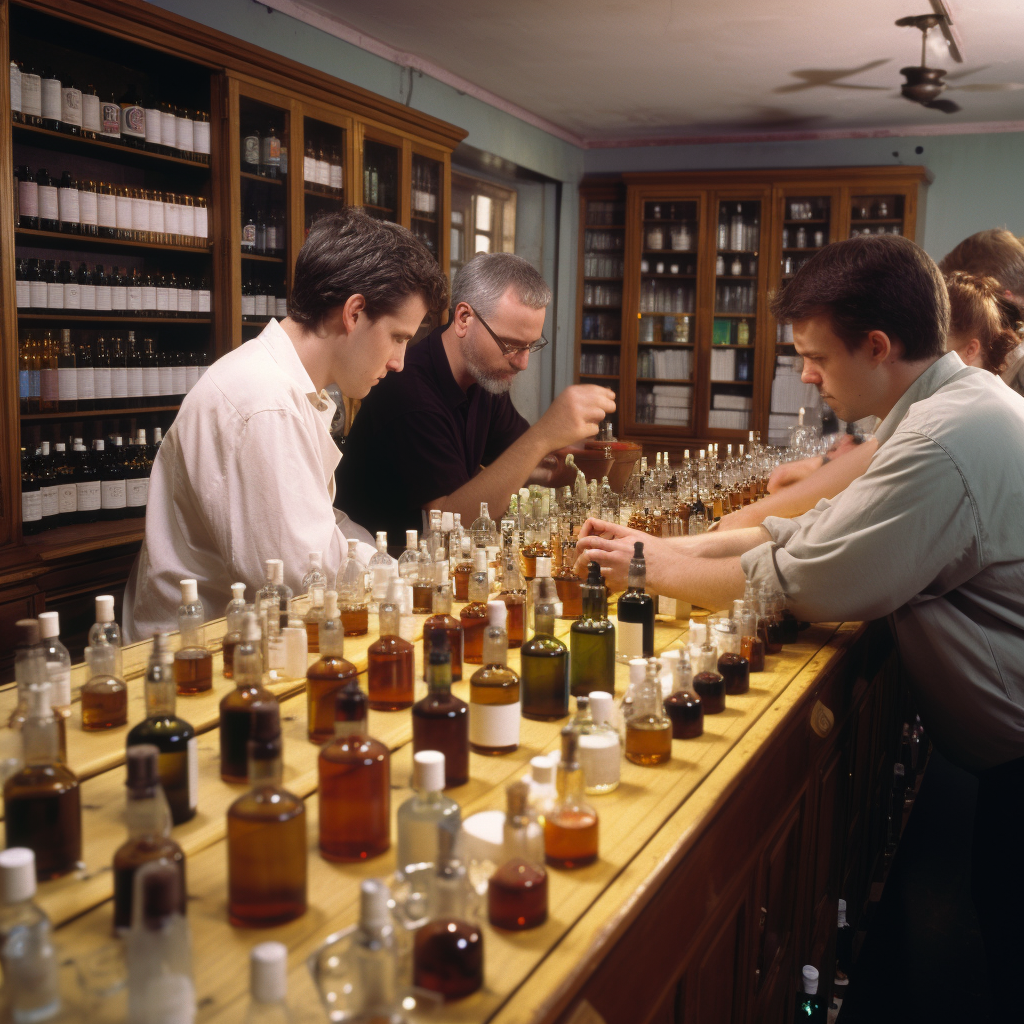 Students learning perfume blending from master teacher in class.