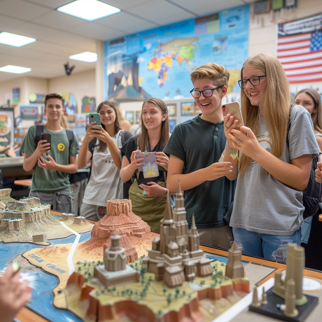 Students taking selfies in geography classroom with landmarks dioramas.