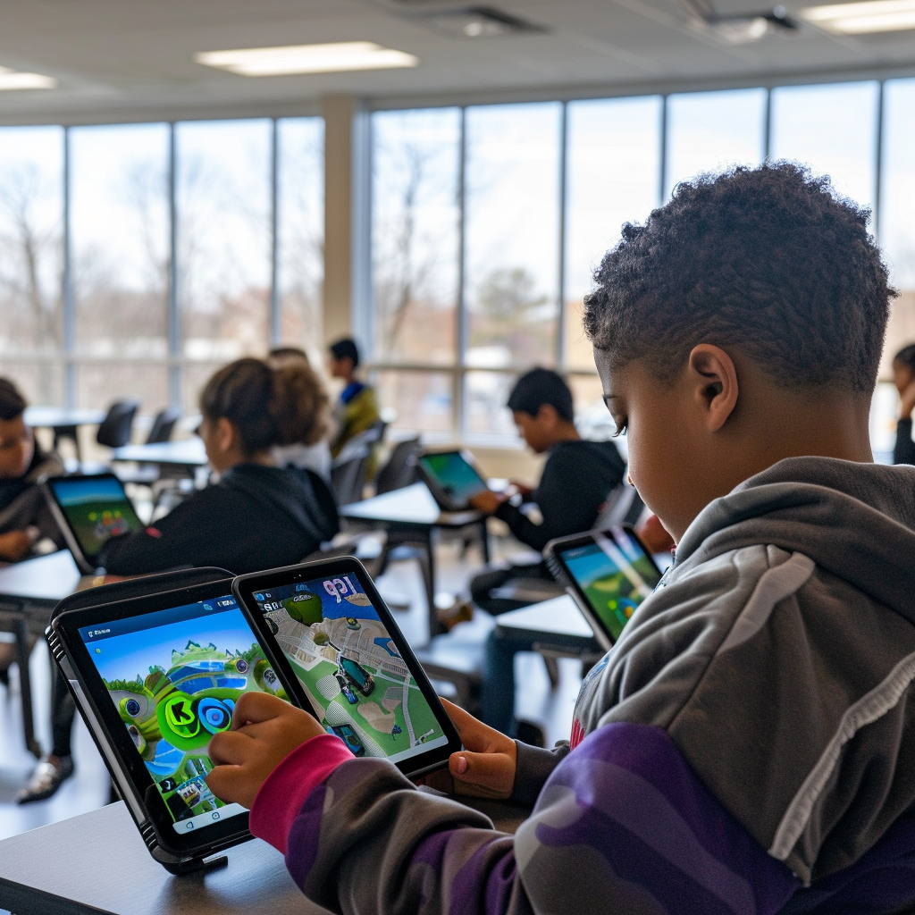 Students use tablets, smartphones in classroom with geospatial apps.